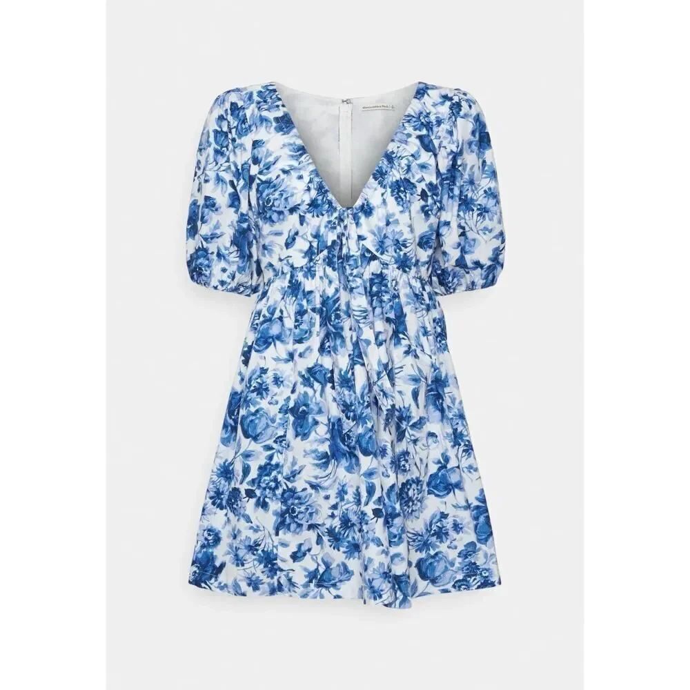 Abercrombie & Fitch Blue Floral Mini Dress Cotton Blend Puff Sleeve Size XS